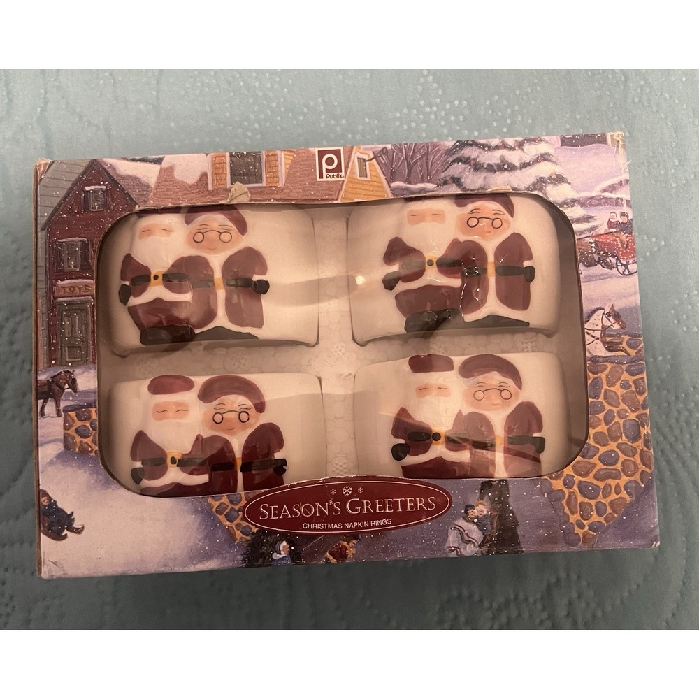 Publix Seasons Greeters Mr & Mrs Santa Claus Napkin Rings Holders Set of 4 New